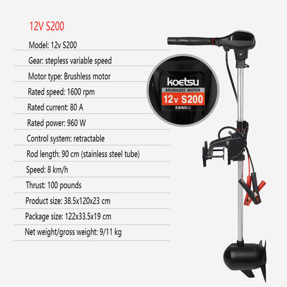 KOETSU Brushless Electric Outboard Motor - Trolling Motor for Inflatable Fishing Boats, Quiet & Powerful 12V/24V Engine