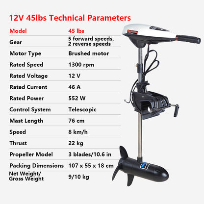 12V 45lbs Thrust Electric Trolling Motor for Inflatable Boat, Raft, Canoe, Kayak & Dinghy
