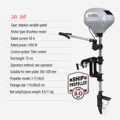 KOETSU Brushless Electric Outboard Motor - Trolling Motor for Inflatable Fishing Boats, Quiet & Powerful 12V/24V Engine