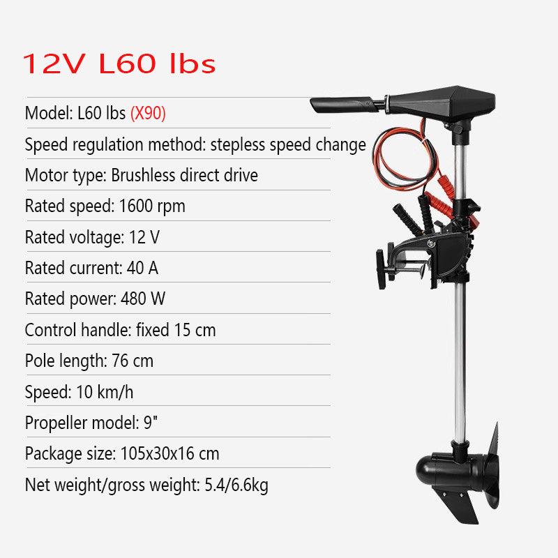SUNELEXE Brushless Electric Outboard Motor - 12V/24V Trolling Motor for Inflatable Boats with Propeller